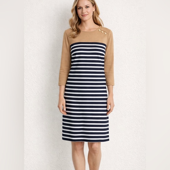 Lands' End Dresses & Skirts - Lands End Striped three-quarter sleeve, navy tan cream colors size 6-8